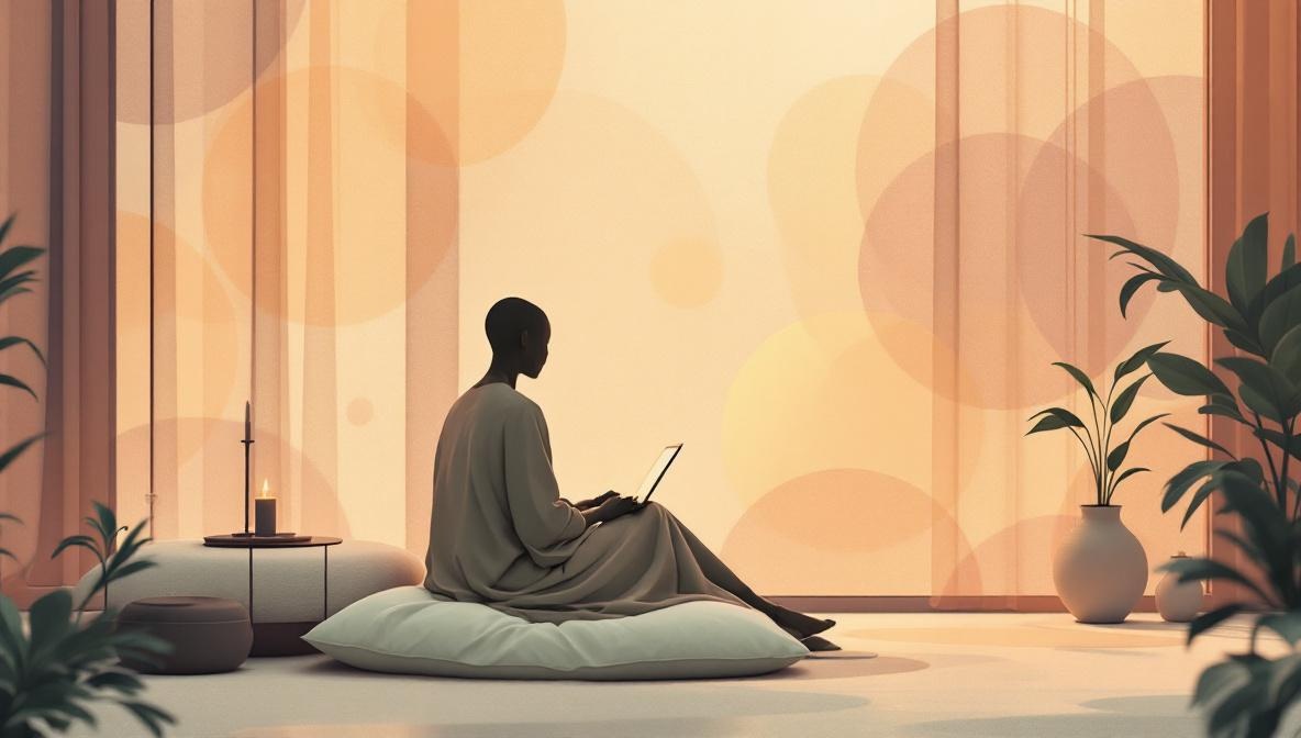 Silhouette seduta davanti a uno schermo luminoso che rappresenta una sessione olistica in videocall — illustrazione editoriale