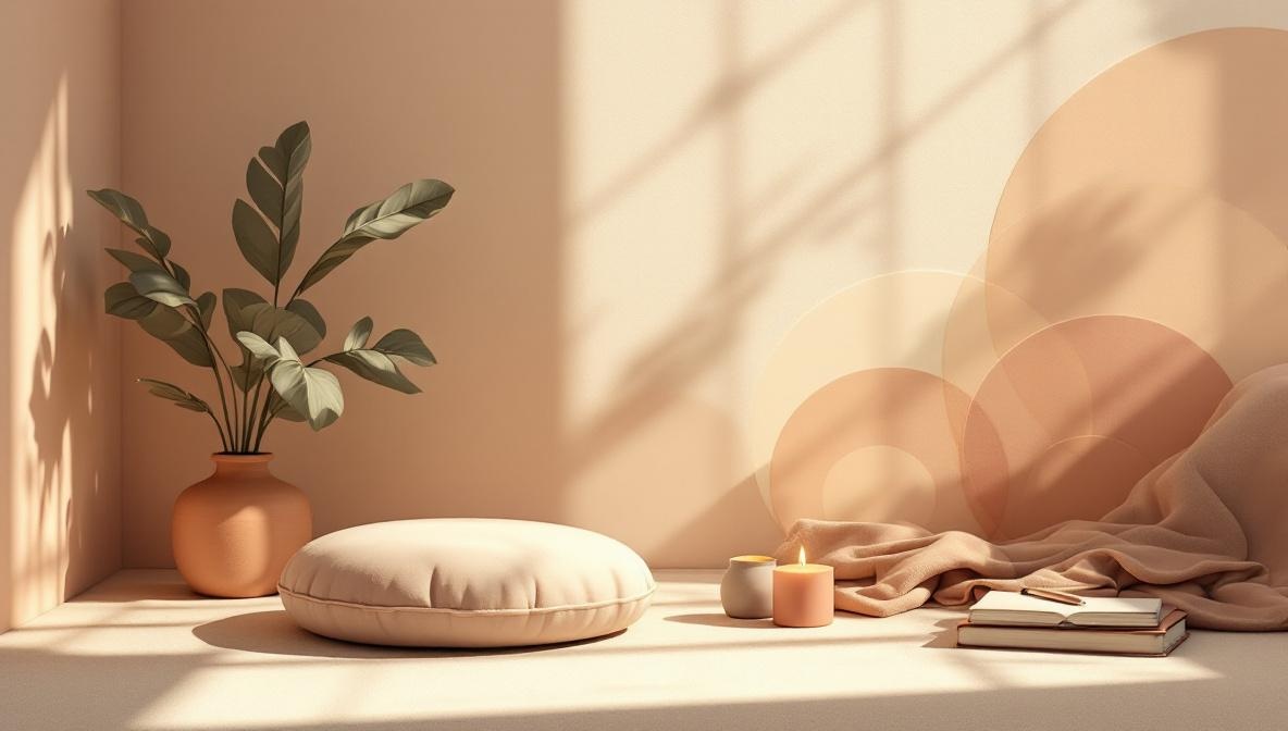 Angolo di una stanza preparata per una sessione olistica online: cuscino, candela, vaso e quaderno — illustrazione editoriale