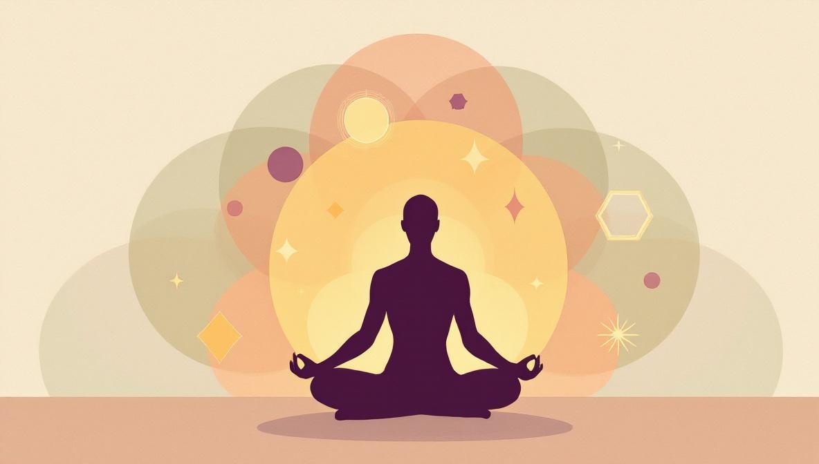 Silhouette in meditazione circondata da nove simboli geometrici luminosi — illustrazione editoriale