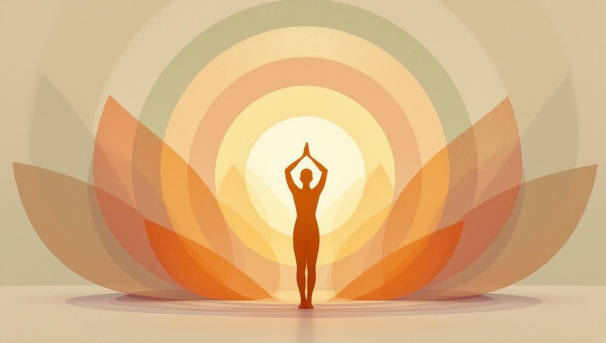 Silhouette circondata da nove anelli concentrici traslucidi in tonalità diverse — illustrazione di sacra geometria numerologica