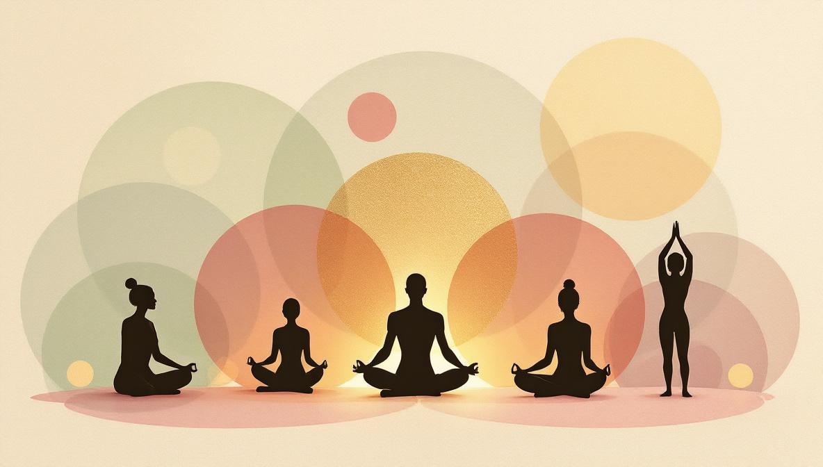 Illustrazione di cinque silhouette in posture diverse che rappresentano le varie discipline olistiche