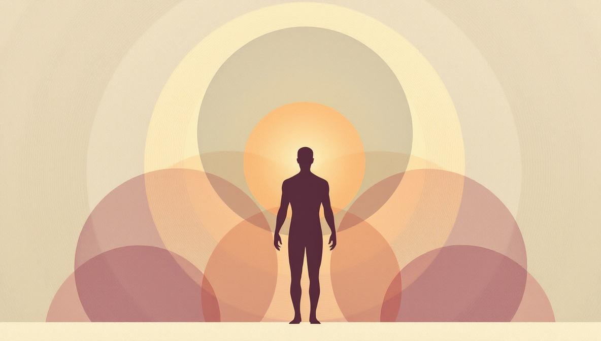 Silhouette umana circondata da tre cerchi sovrapposti — mente, corpo e spirito — illustrazione editoriale