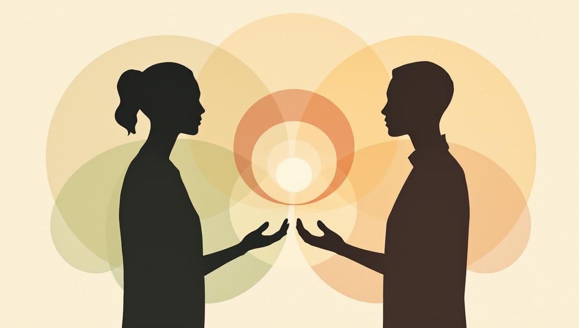 Illustrazione di due silhouette in dialogo, una in postura di guida e l'altra in ascolto, con luce dorata tra loro
