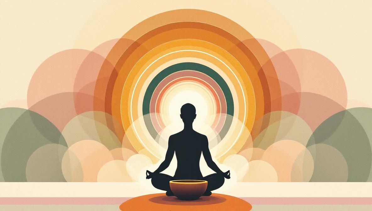 Silhouette in meditazione circondata da onde sonore concentriche — illustrazione editoriale