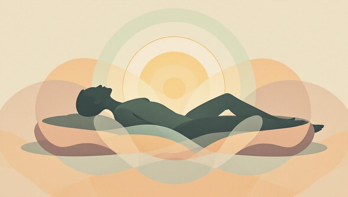 Silhouette distesa circondata da campane tibetane con onde sonore che attraversano il corpo — illustrazione editoriale