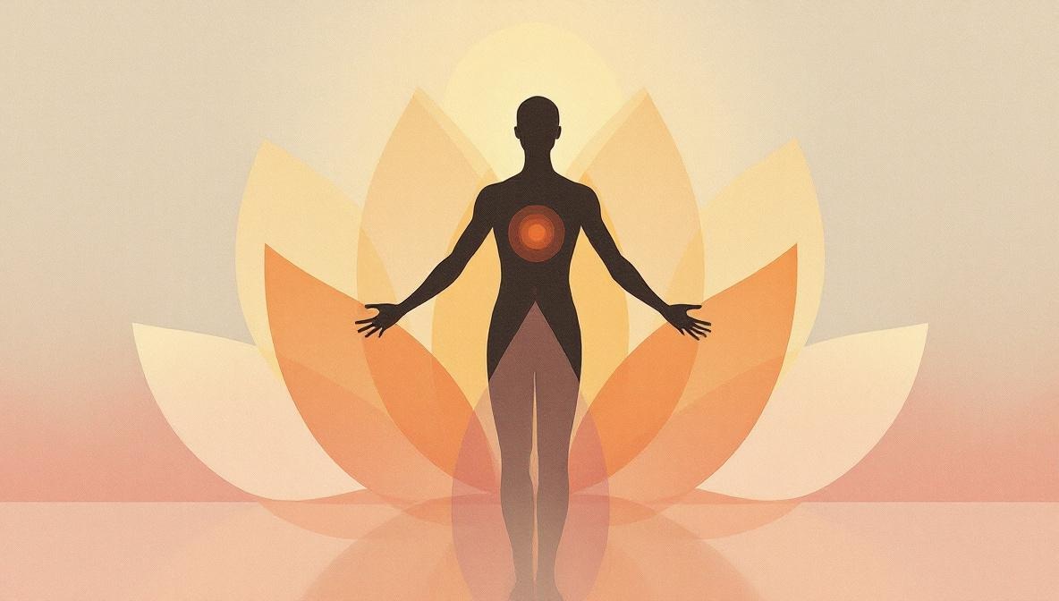 Silhouette in piedi con onde di vibrazione in oro e malva che la attraversano dall'alto verso il basso — illustrazione editoriale