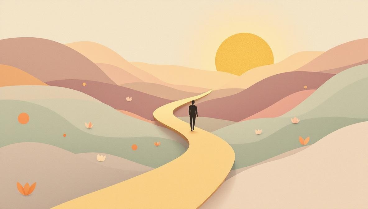 Silhouette che cammina lungo un sentiero dorato in salita con piccole forme geometriche fluttuanti — illustrazione editoriale
