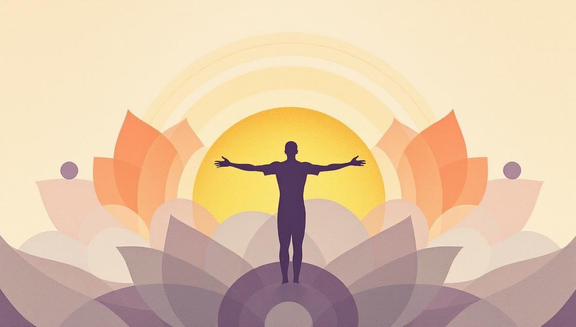 Silhouette umana con braccia aperte verso il cielo e sole dorato — illustrazione editoriale sulla spiritualità