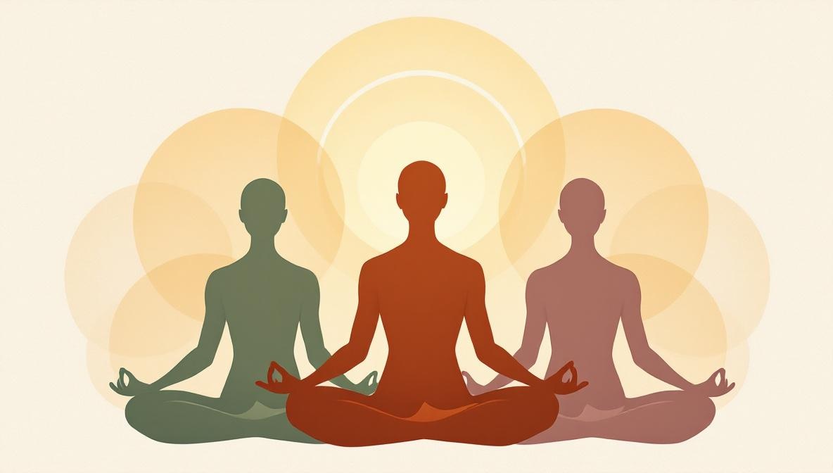Tre silhouette in meditazione disposte ad arco, con luce dorata che fluisce tra loro — illustrazione editoriale