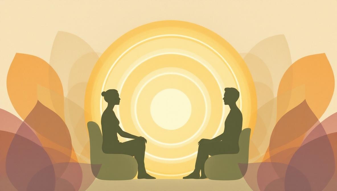 Due silhouette collegate da un portale di luce dorata — illustrazione editoriale