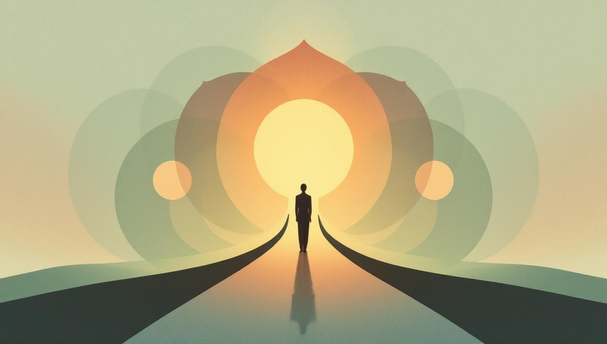 Silhouette davanti a tre percorsi di luce dorata che rappresentano la scelta del professionista giusto — illustrazione editoriale