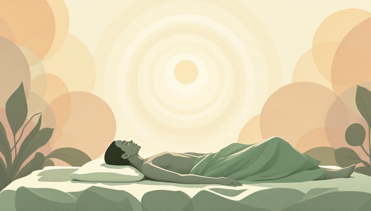 Silhouette distesa in un ambiente domestico, circondata da cerchi di luce dorata che simboleggiano una sessione olistica a distanza — illustrazione editoriale