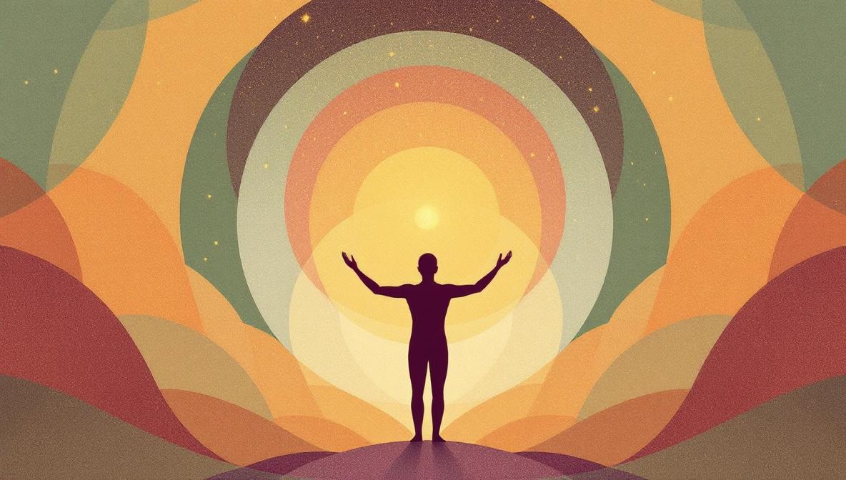 Illustration of a silhouette with arms gently opening, a radiant orb of light expanding from the chest