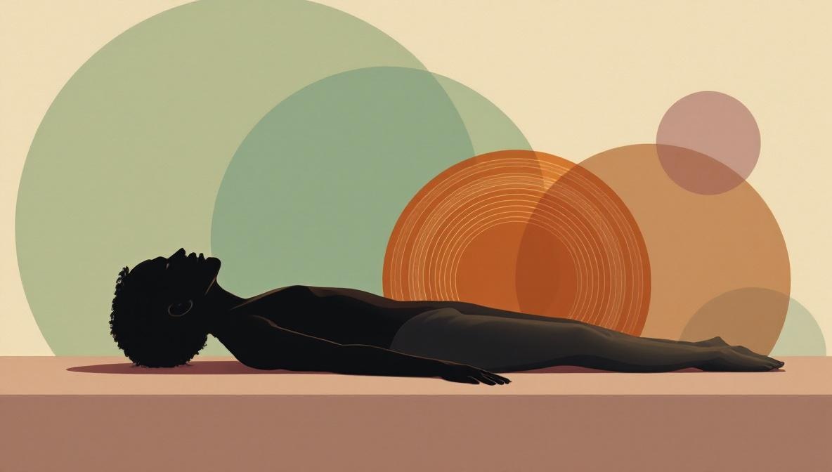 A reclining silhouette with concentric brainwave rings rippling outward in warm gold and terracotta — editorial illustration