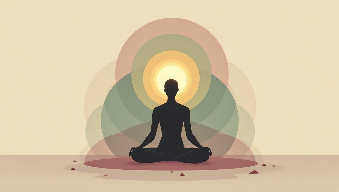 Seated silhouette with two concentric thought-wave rings encircling the head and a warm gold orb at the forehead — editorial illustration