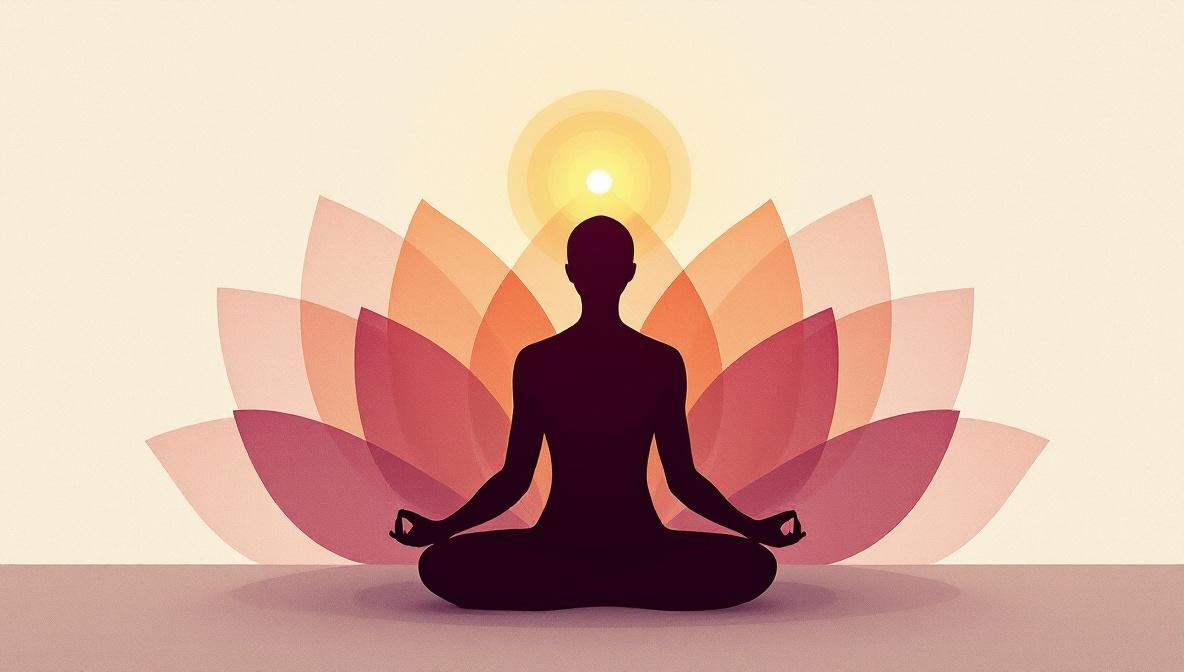 Illustration of a meditating silhouette centered in a layered lotus with a warm gold halo