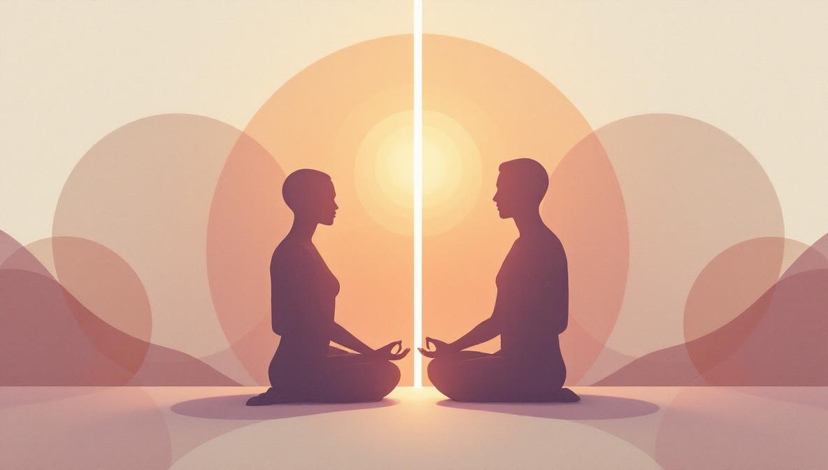 Two silhouettes — ThetaHealing meditation vs Reiki energy — editorial illustration