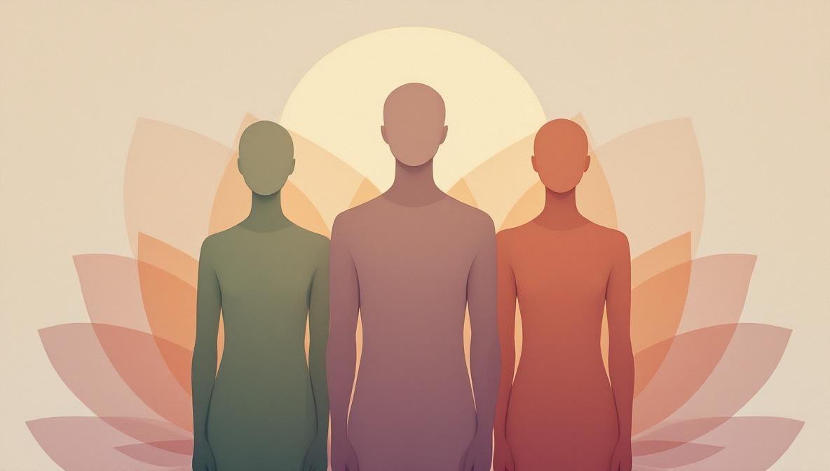 Three silhouettes of different people standing together in front of soft lotus petals