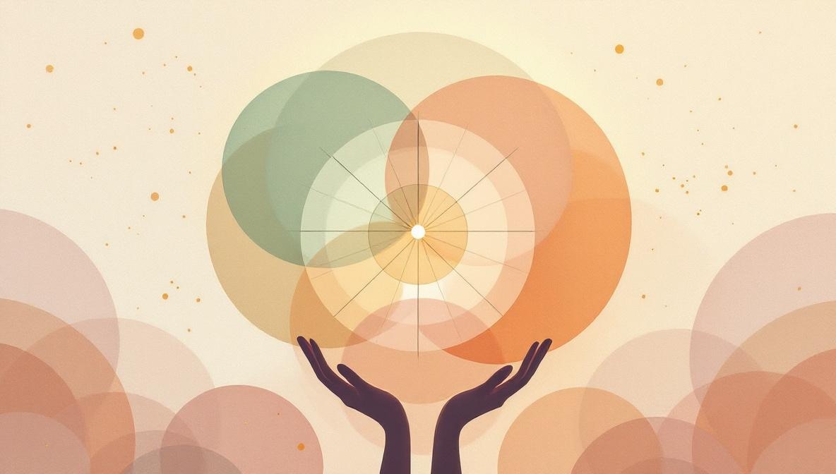 A circular birth chart wheel held by silhouette hands, divided into twelve houses — editorial illustration