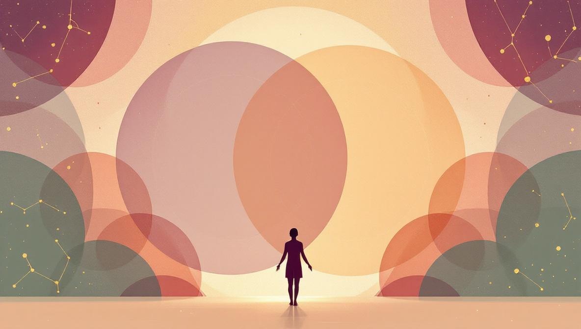 Two overlapping zodiac wheels with a small silhouette figure between them — editorial illustration