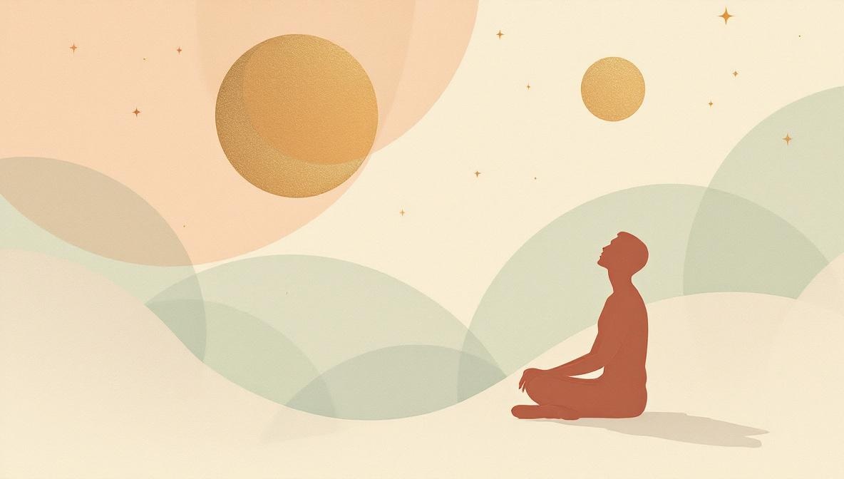 Silhouette seated in profile gazing at a sky filled with stars and a soft band of celestial light — editorial illustration