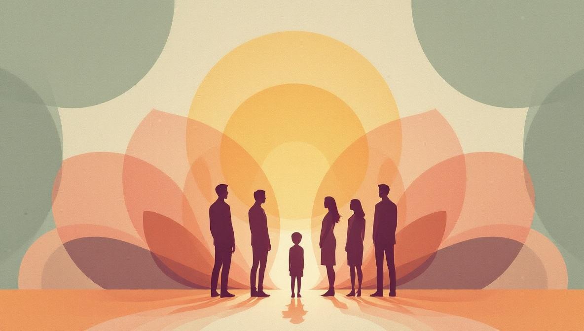 Silhouette figures standing in a constellation circle with a warm gold glow — editorial illustration