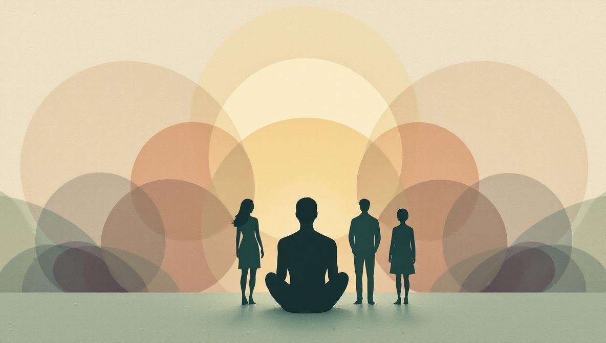 A seated silhouette figure facing a small arrangement of standing silhouettes — representing the constellation of family members — editorial illustration