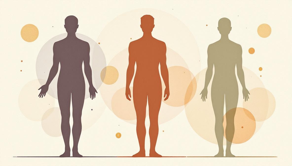Three silhouette figures side by side representing vata, pitta, and kapha — editorial illustration of the three Ayurvedic doshas