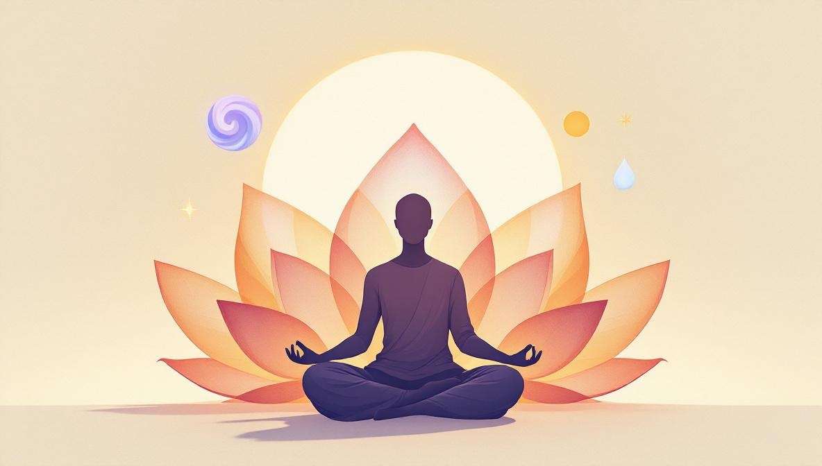 A meditating silhouette surrounded by three glowing elemental shapes representing vata, pitta, and kapha — editorial illustration of Ayurveda