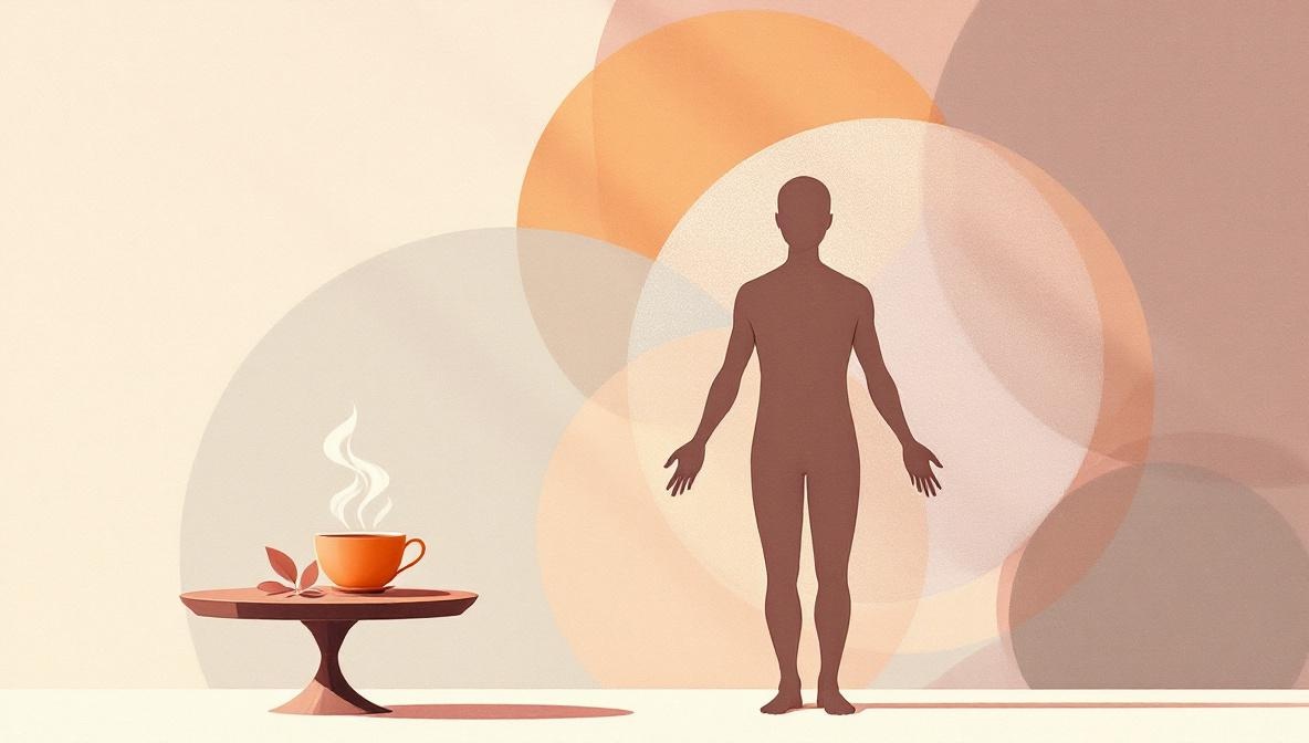 A silhouette figure beside a small table with steaming tea, bathed in warm morning light — editorial illustration of an Ayurvedic morning routine