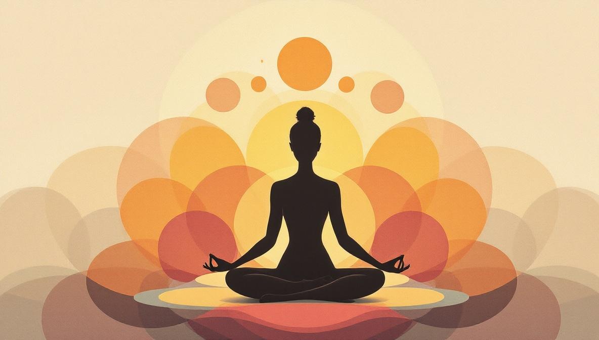 Illustration of a silhouette figure surrounded by nine glowing circles arranged in a crown formation