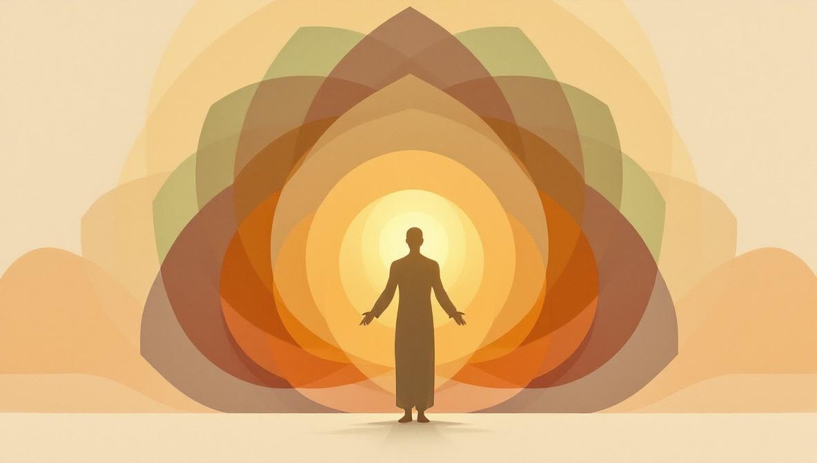 Silhouette figure surrounded by nine concentric geometric circles of warm golden light — editorial illustration