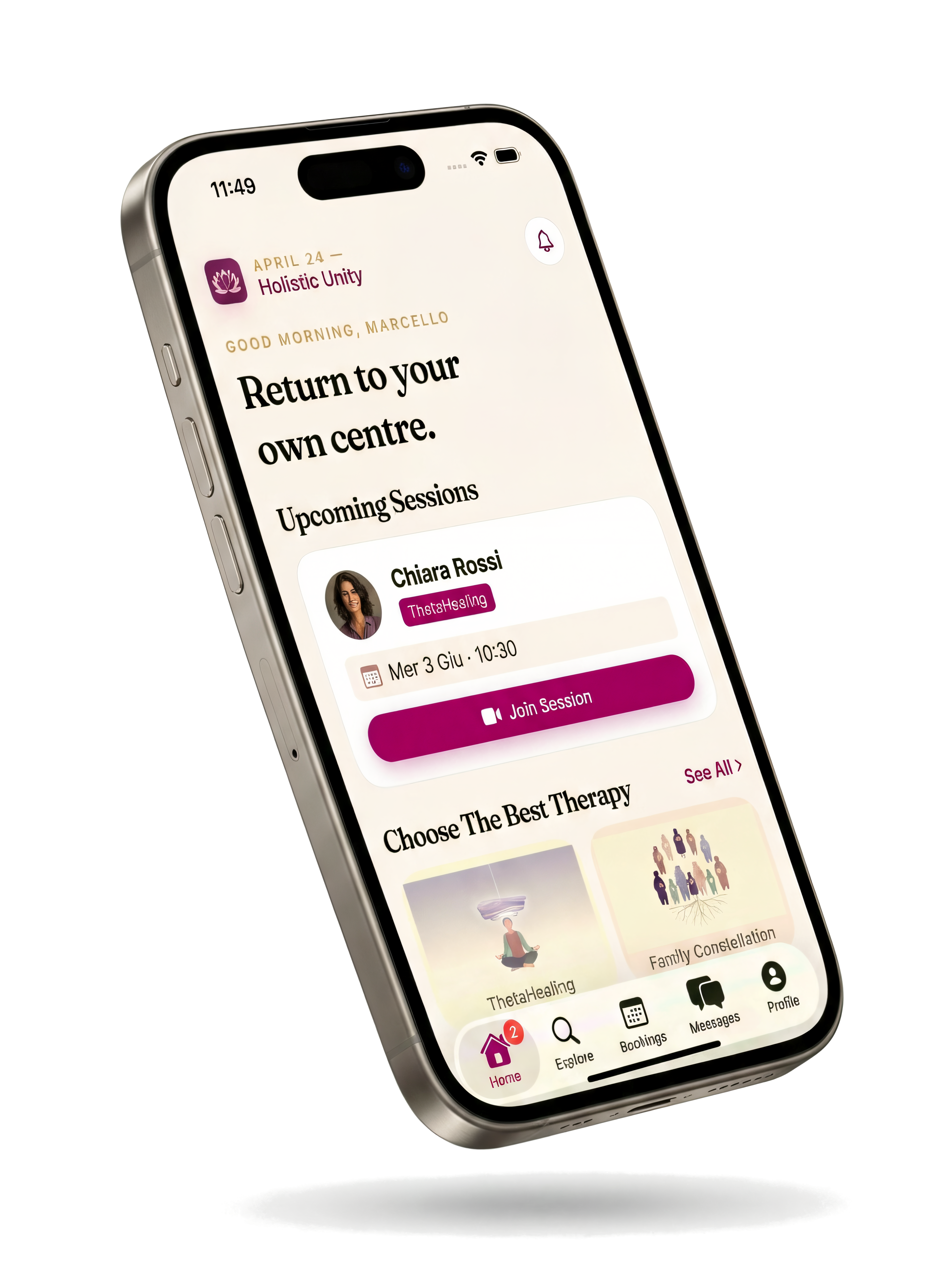 Schermata home dell'app Holistic Unity — anteprima mobile