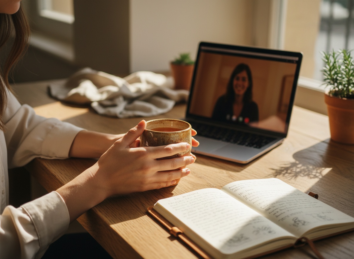 Cliente con tazza di tè durante una sessione video