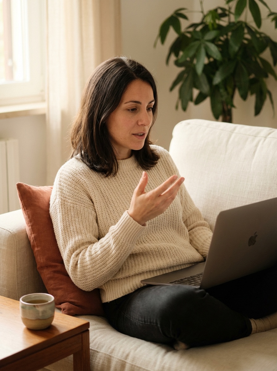 Cliente italiana in sessione olistica con il laptop dal divano di casa