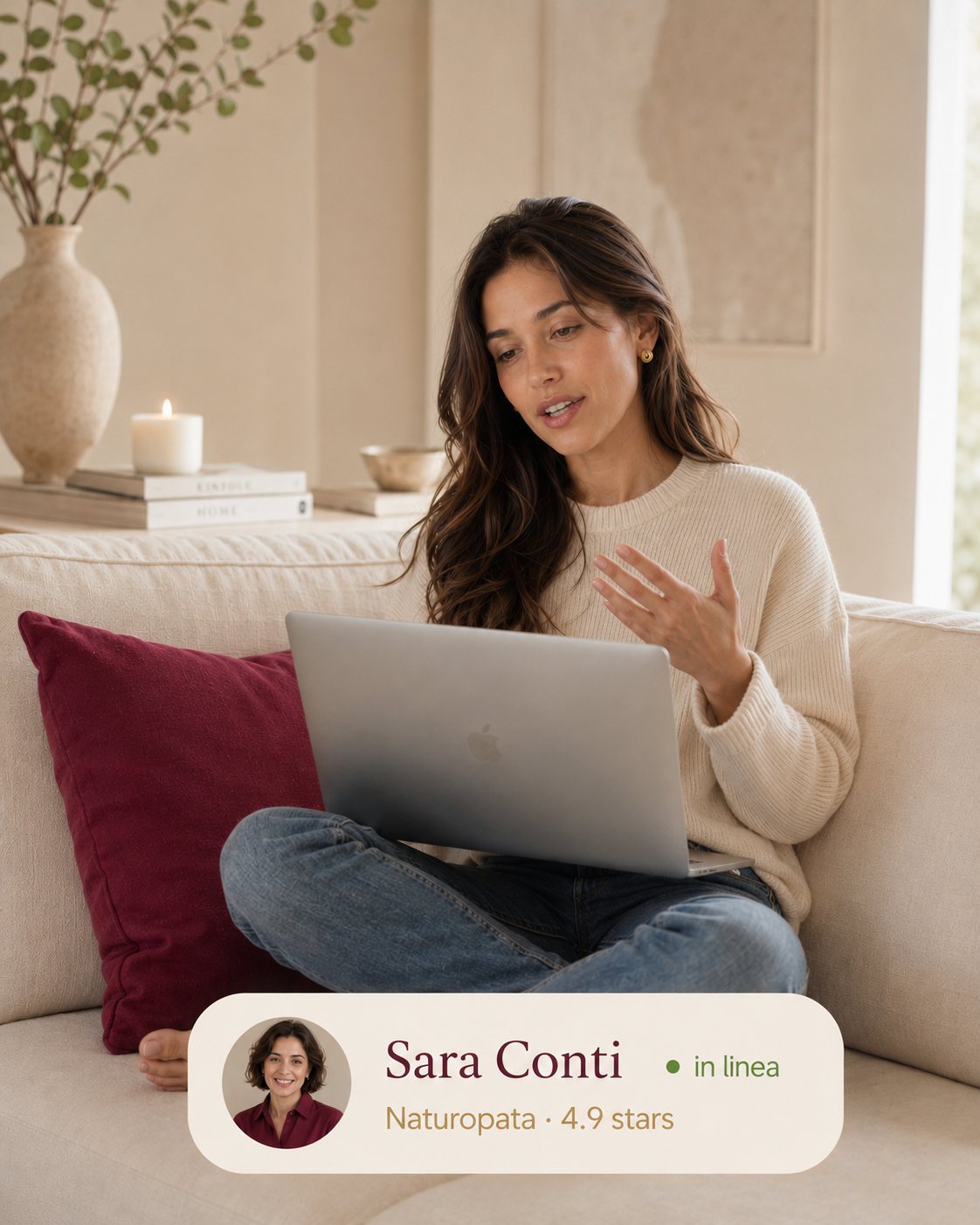 Cliente italiana in sessione olistica con il laptop dal divano di casa